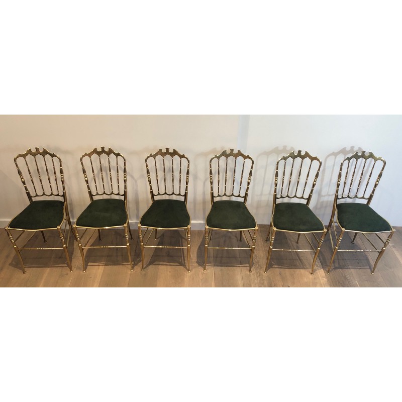 Rare Set of Six Brass Chiavari Chairs with Green Velvet Seats, Italian Work, Circa 1940