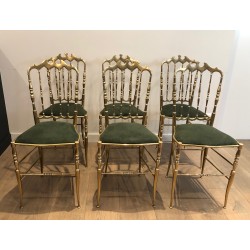 Rare Set of Six Brass Chiavari Chairs with Green Velvet Seats, Italian Work, Circa 1940