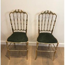 Rare Suite de Six Chaises Chiavari en Laiton à Assises en Velours Vert, Travail Italien, Vers 1940