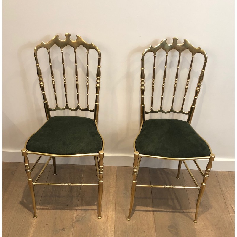 Rare Set of Six Brass Chiavari Chairs with Green Velvet Seats, Italian Work, Circa 1940