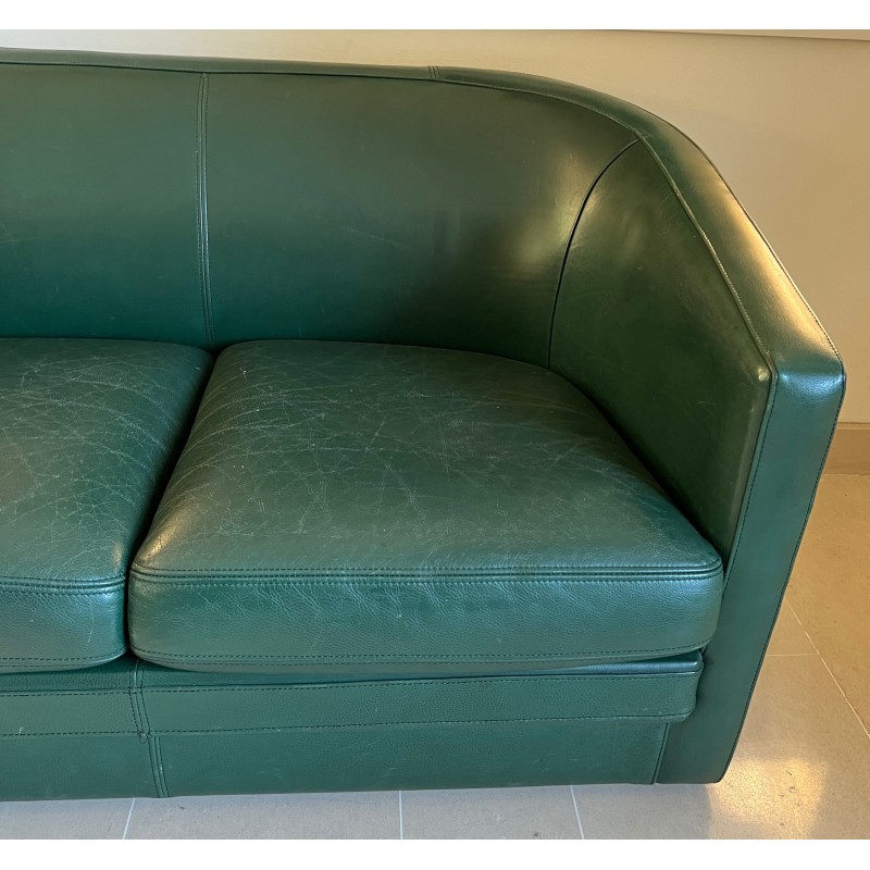 Art Deco Style Dark Green Leather Two-Seat Sofa, French Work, Circa 1980