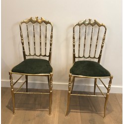 Rare Suite de Six Chaises Chiavari en Laiton à Assises en Velours Vert, Travail Italien, Vers 1940