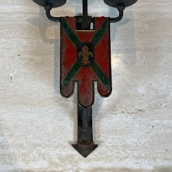 Large Pair of Wrought Iron Wall Lights with Coat of Arms and 3 Light Arms in the Gothic Style