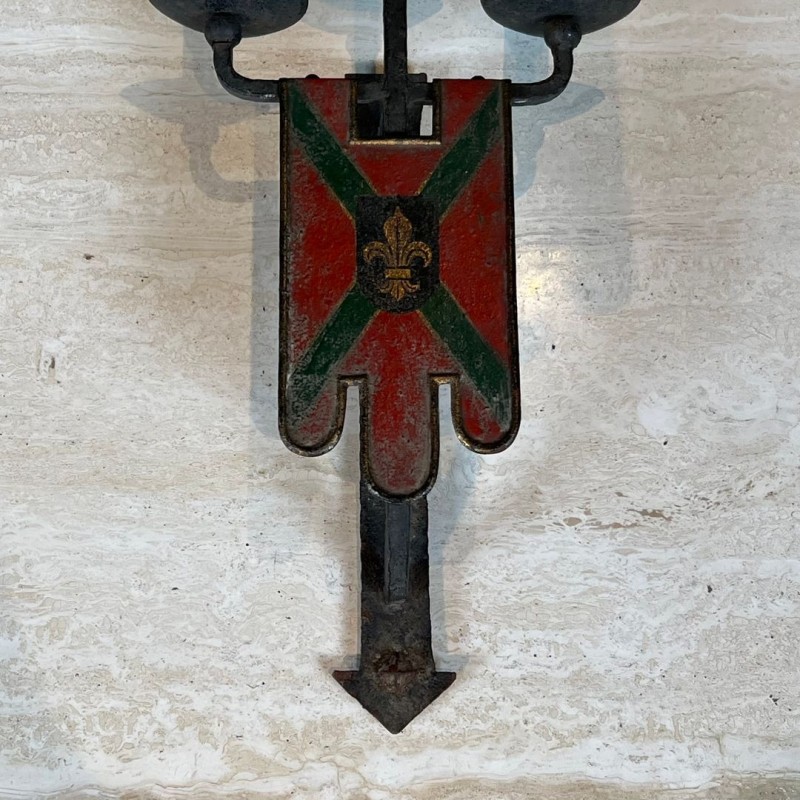 Large Pair of Wrought Iron Wall Lights with Coat of Arms and 3 Light Arms in the Gothic Style