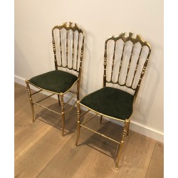 Rare Suite de Six Chaises Chiavari en Laiton à Assises en Velours Vert, Travail Italien, Vers 1940