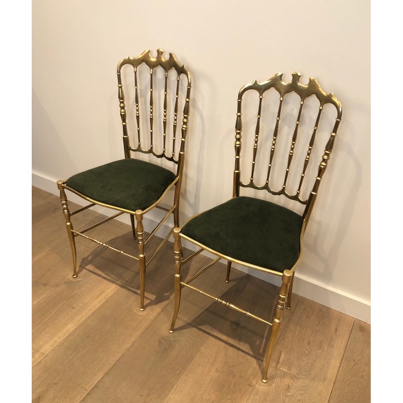 Rare Suite de Six Chaises Chiavari en Laiton à Assises en Velours Vert, Travail Italien, Vers 1940