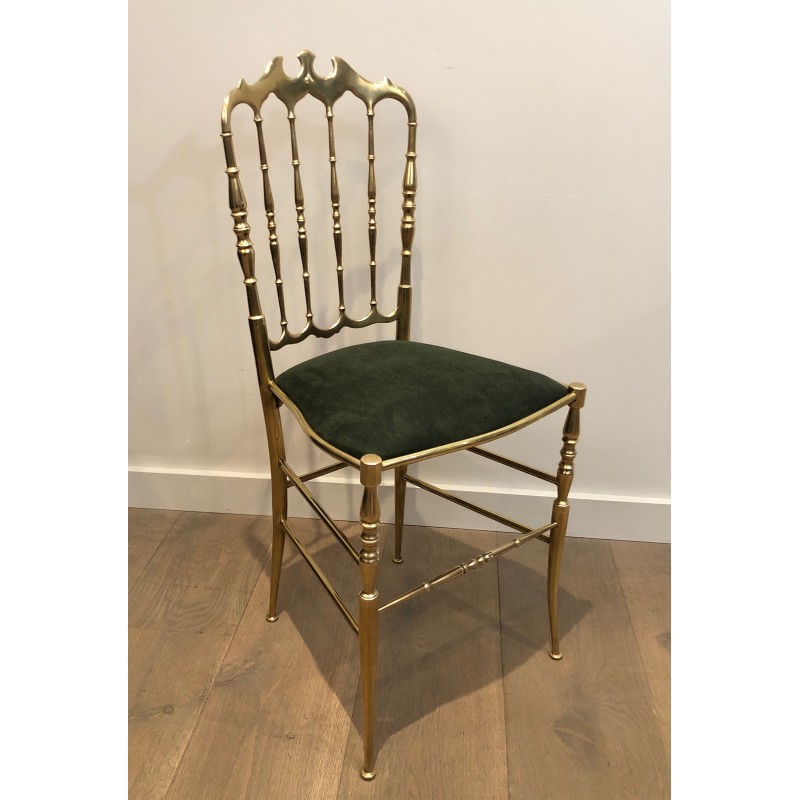 Rare Set of Six Brass Chiavari Chairs with Green Velvet Seats, Italian Work, Circa 1940