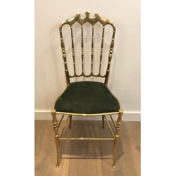 Rare Set of Six Brass Chiavari Chairs with Green Velvet Seats, Italian Work, Circa 1940