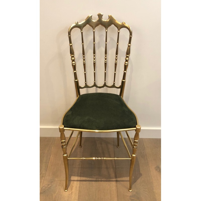 Rare Set of Six Brass Chiavari Chairs with Green Velvet Seats, Italian Work, Circa 1940