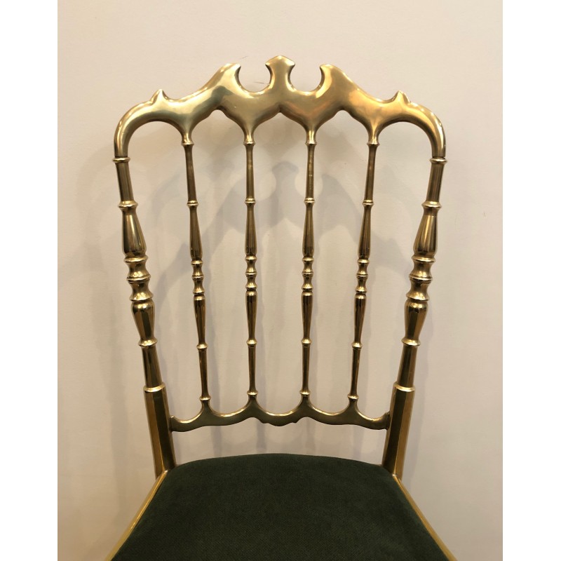 Rare Suite de Six Chaises Chiavari en Laiton à Assises en Velours Vert, Travail Italien, Vers 1940