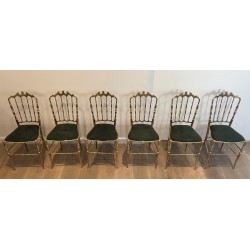 Rare Set of Six Brass Chiavari Chairs with Green Velvet Seats, Italian Work, Circa 1940