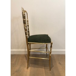 Rare Suite de Six Chaises Chiavari en Laiton à Assises en Velours Vert, Travail Italien, Vers 1940
