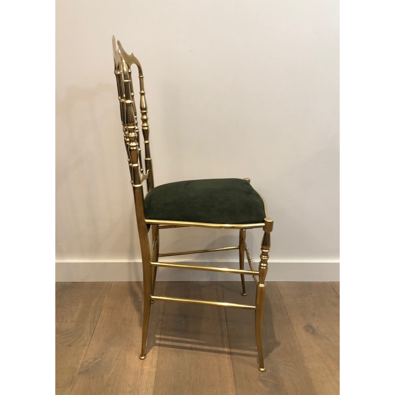 Rare Suite de Six Chaises Chiavari en Laiton à Assises en Velours Vert, Travail Italien, Vers 1940