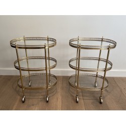 Pair of Neoclassical Style 3 Tiers Oval Brass Drinks Trolley in the Style of Maison Jansen