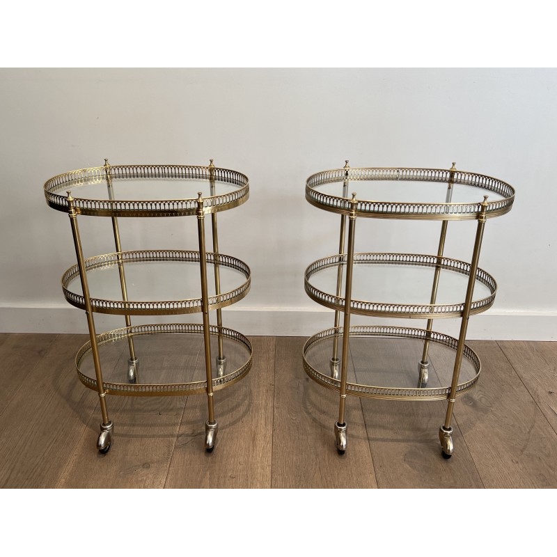 Pair of Neoclassical Style 3 Tiers Oval Brass Drinks Trolley in the Style of Maison Jansen