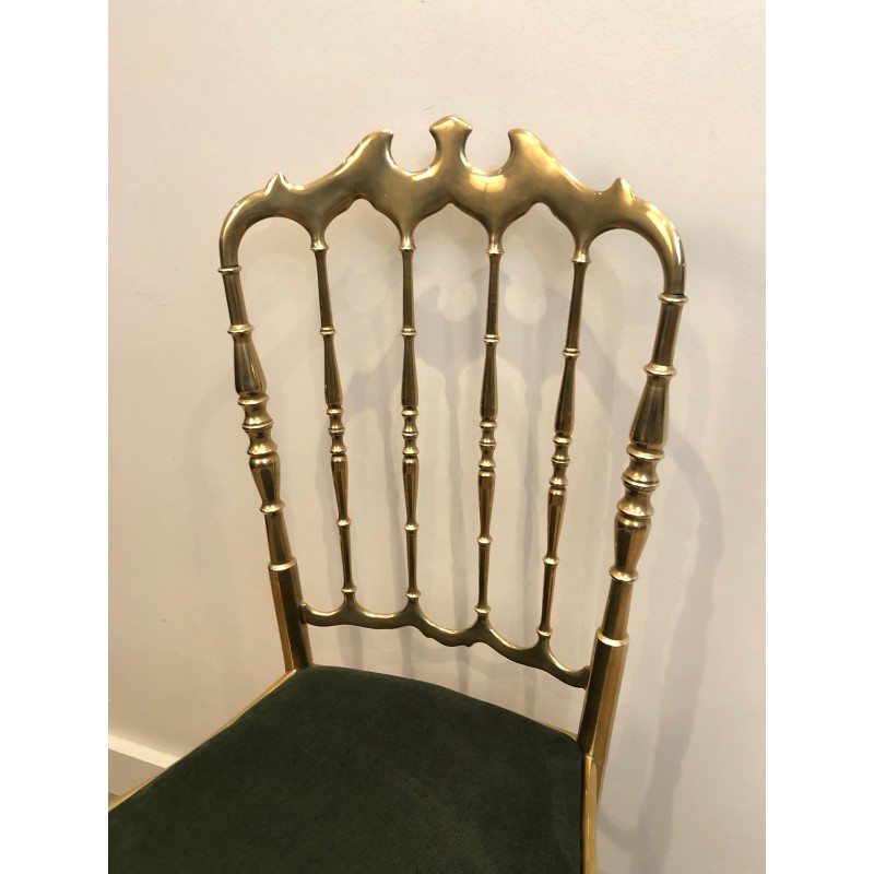 Rare Set of Six Brass Chiavari Chairs with Green Velvet Seats, Italian Work, Circa 1940