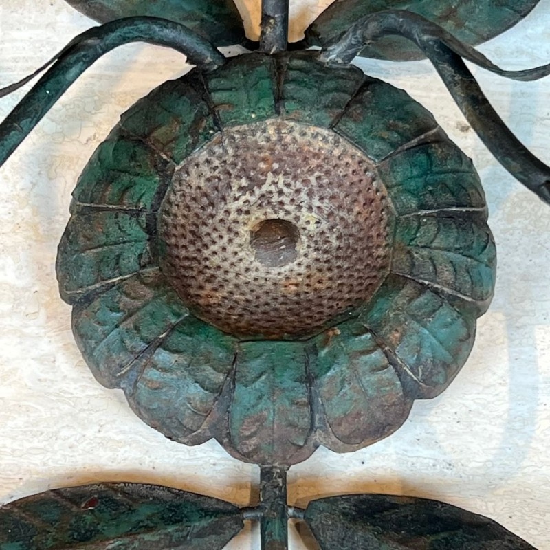 Pair of Decorative Wall Sconces with Sunflowers and Foliage in Patinated Metal