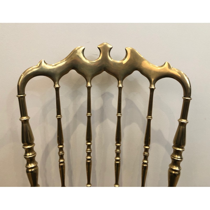 Rare Suite de Six Chaises Chiavari en Laiton à Assises en Velours Vert, Travail Italien, Vers 1940