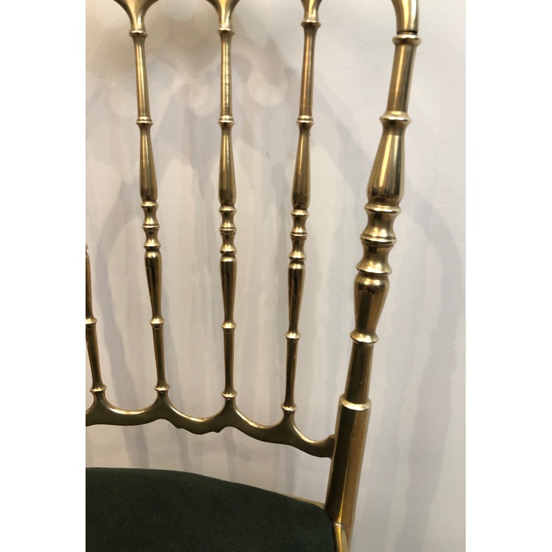 Rare Suite de Six Chaises Chiavari en Laiton à Assises en Velours Vert, Travail Italien, Vers 1940