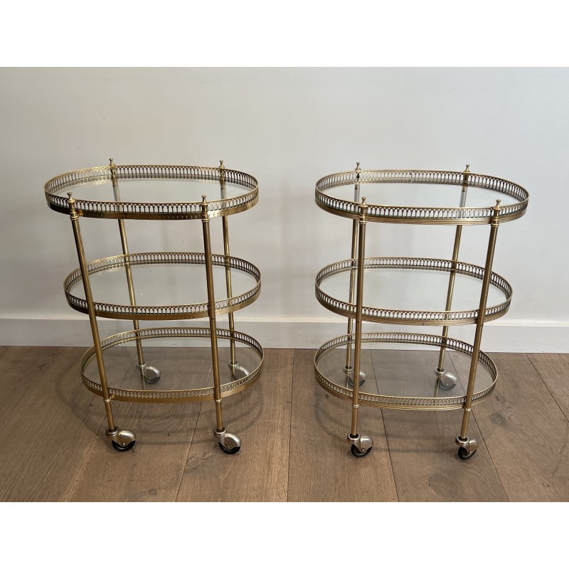 Pair of Neoclassical Style 3 Tiers Oval Brass Drinks Trolley in the Style of Maison Jansen