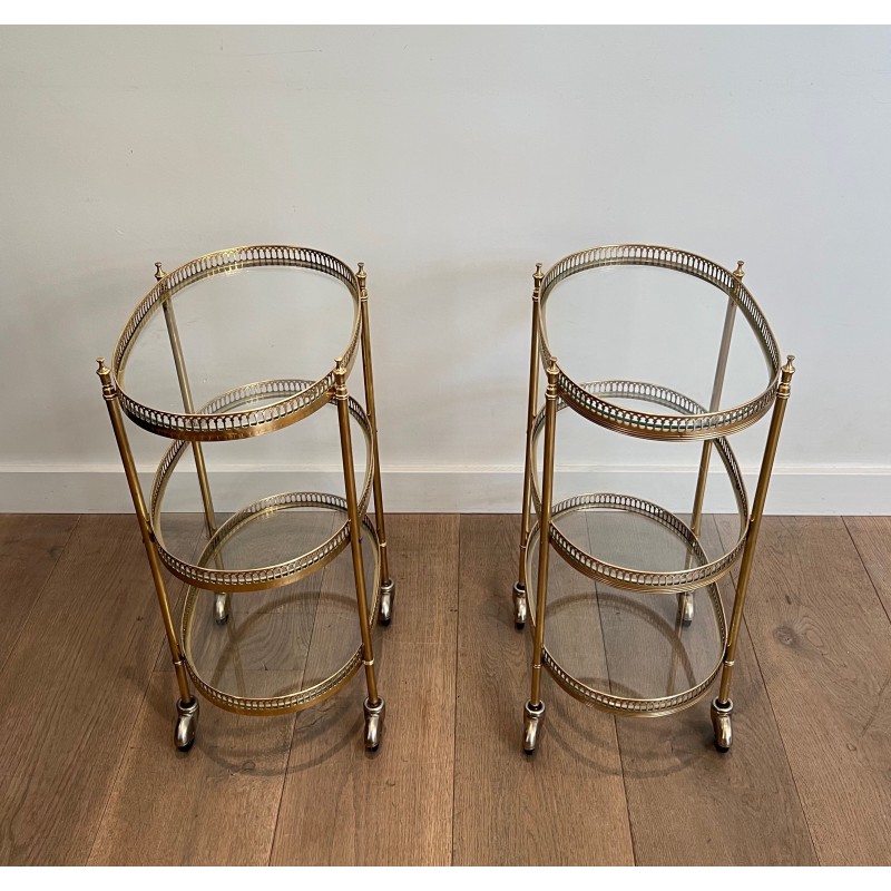 Pair of Neoclassical Style 3 Tiers Oval Brass Drinks Trolley in the Style of Maison Jansen