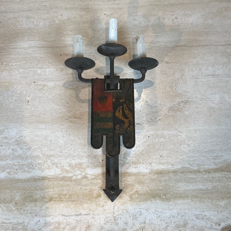 Large Pair of Wrought Iron Wall Lights with Coat of Arms and 3 Light Arms in the Gothic Style