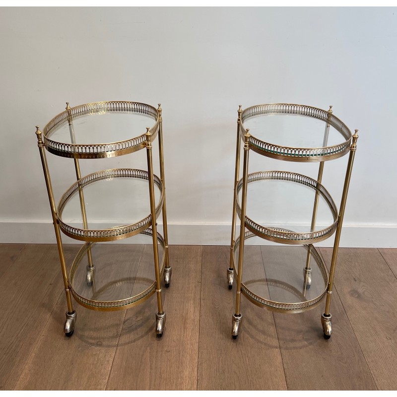 Pair of Neoclassical Style 3 Tiers Oval Brass Drinks Trolley in the Style of Maison Jansen