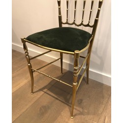 Rare Set of Six Brass Chiavari Chairs with Green Velvet Seats, Italian Work, Circa 1940