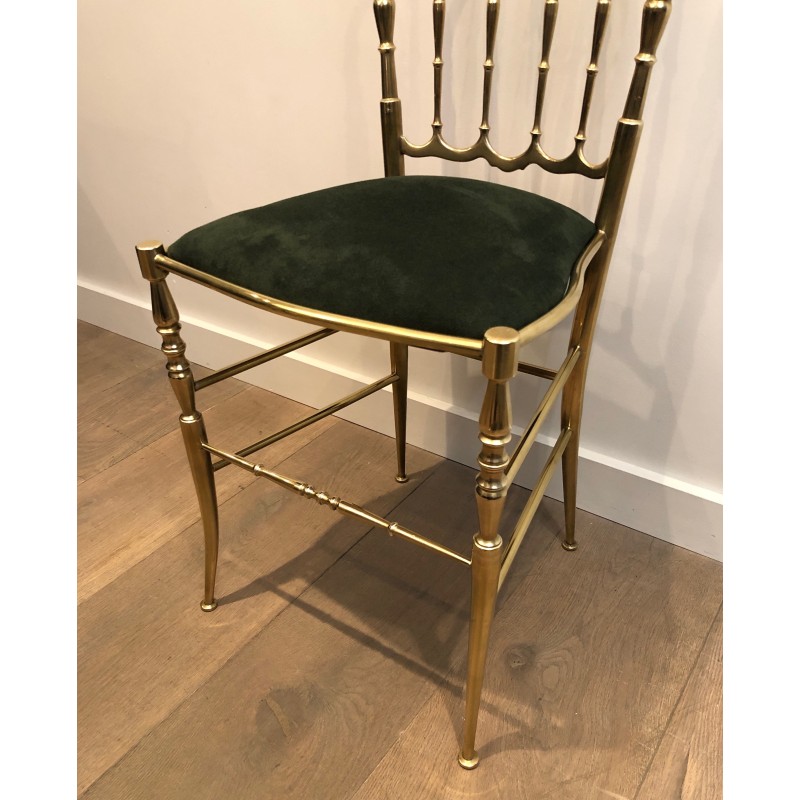 Rare Set of Six Brass Chiavari Chairs with Green Velvet Seats, Italian Work, Circa 1940