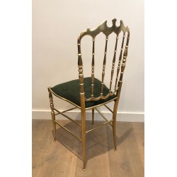 Rare Set of Six Brass Chiavari Chairs with Green Velvet Seats, Italian Work, Circa 1940