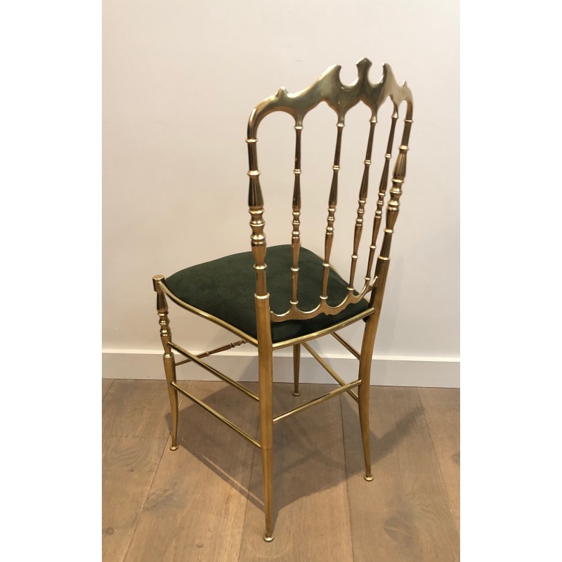 Rare Set of Six Brass Chiavari Chairs with Green Velvet Seats, Italian Work, Circa 1940