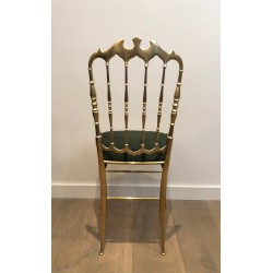 Rare Suite de Six Chaises Chiavari en Laiton à Assises en Velours Vert, Travail Italien, Vers 1940