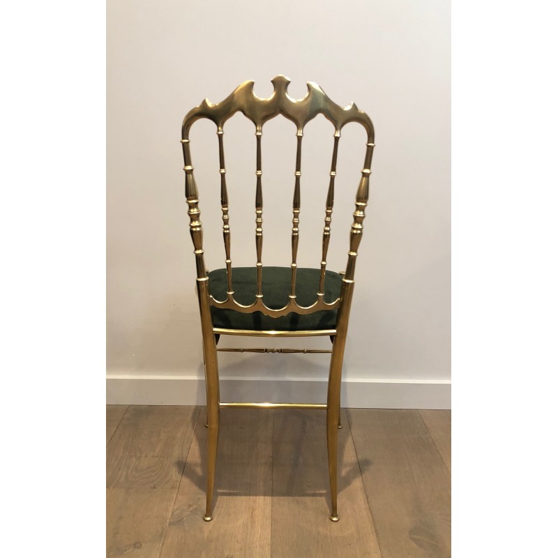 Rare Suite de Six Chaises Chiavari en Laiton à Assises en Velours Vert, Travail Italien, Vers 1940
