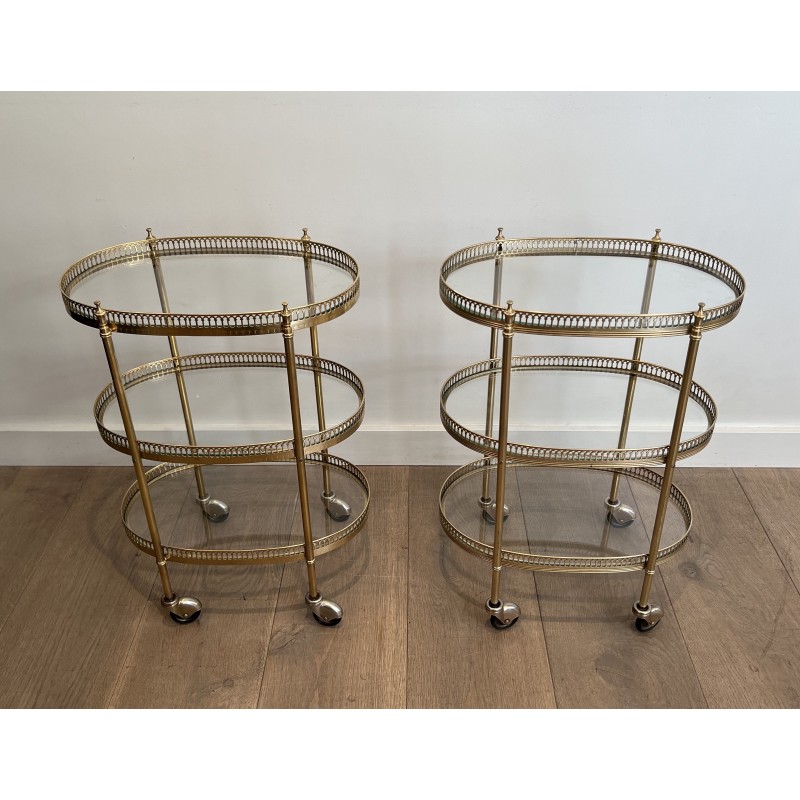 Pair of Neoclassical Style 3 Tiers Oval Brass Drinks Trolley in the Style of Maison Jansen