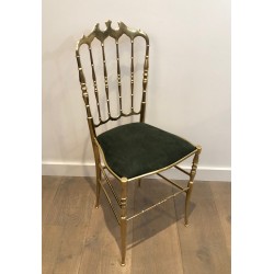 Rare Set of Six Brass Chiavari Chairs with Green Velvet Seats, Italian Work, Circa 1940