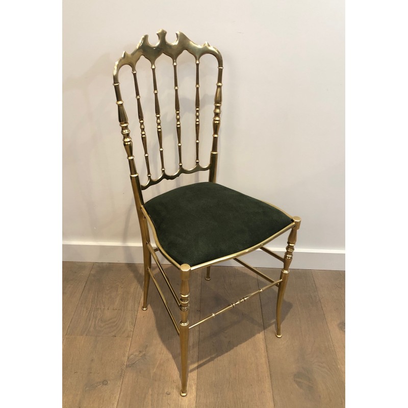 Rare Suite de Six Chaises Chiavari en Laiton à Assises en Velours Vert, Travail Italien, Vers 1940