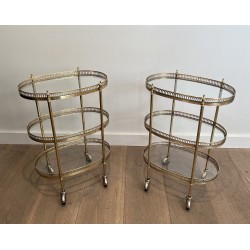 Pair of Neoclassical Style 3 Tiers Oval Brass Drinks Trolley in the Style of Maison Jansen