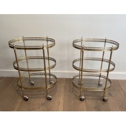 Pair of Neoclassical Style 3 Tiers Oval Brass Drinks Trolley in the Style of Maison Jansen