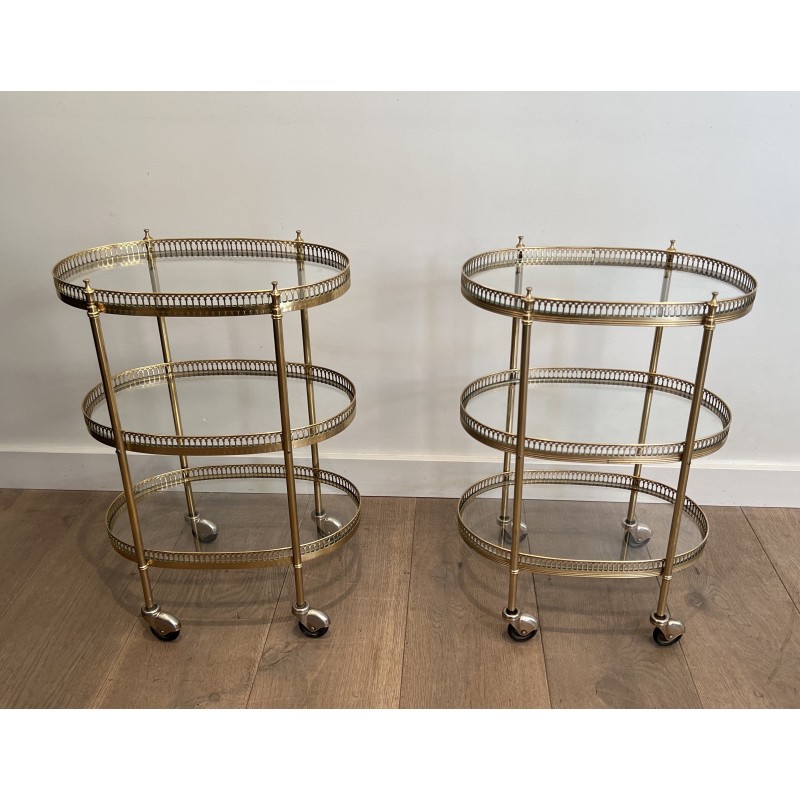 Pair of Neoclassical Style 3 Tiers Oval Brass Drinks Trolley in the Style of Maison Jansen