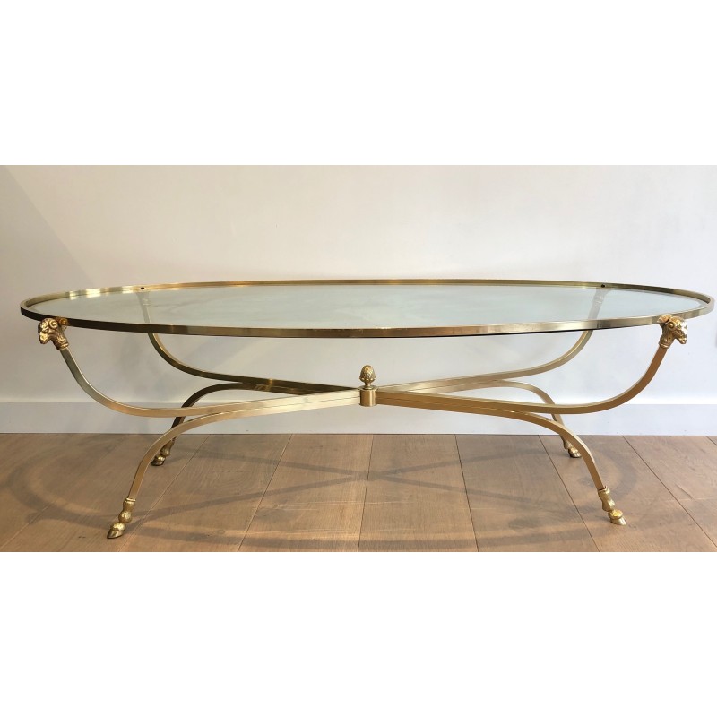 Importante Table Basse Ovale en Laiton à Têtes de Béliers et Sabots, Maison Jansen