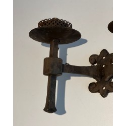 Paire d'Appliques en Fer Forgé à 2 Bras de Lumière de Style Gothique