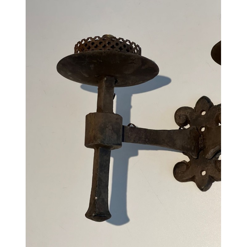 Paire d'Appliques en Fer Forgé à 2 Bras de Lumière de Style Gothique