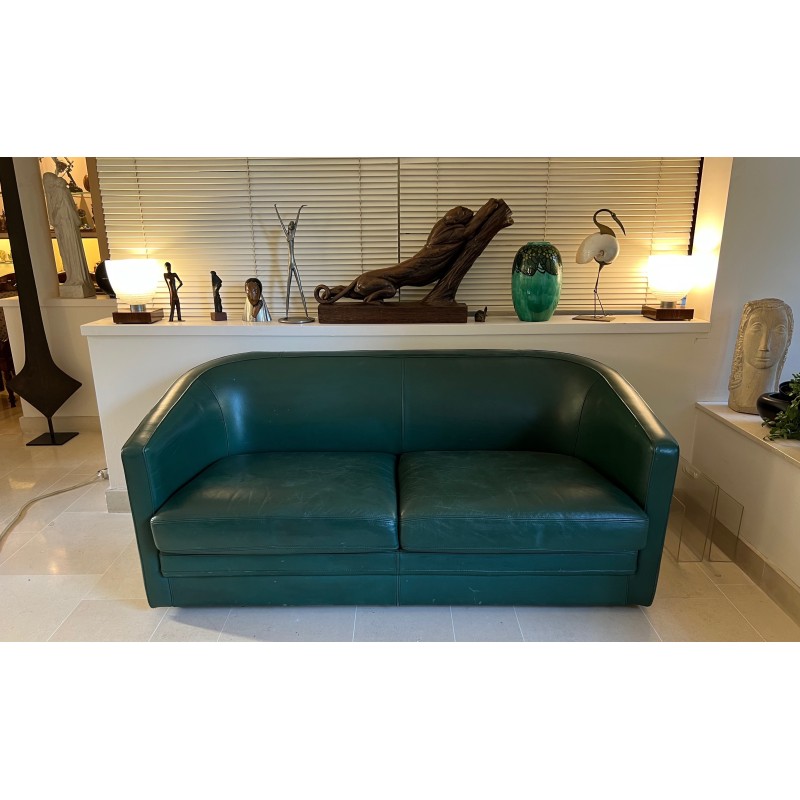 Set of Two Art Deco Style Dark Green Leather Sofas and a Swivel Armchair, French Work, Circa 1980