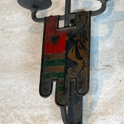 Large Pair of Wrought Iron Wall Lights with Coat of Arms and 3 Light Arms in the Gothic Style