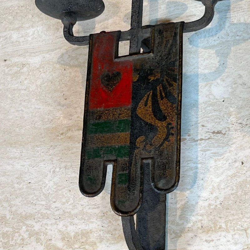 Large Pair of Wrought Iron Wall Lights with Coat of Arms and 3 Light Arms in the Gothic Style