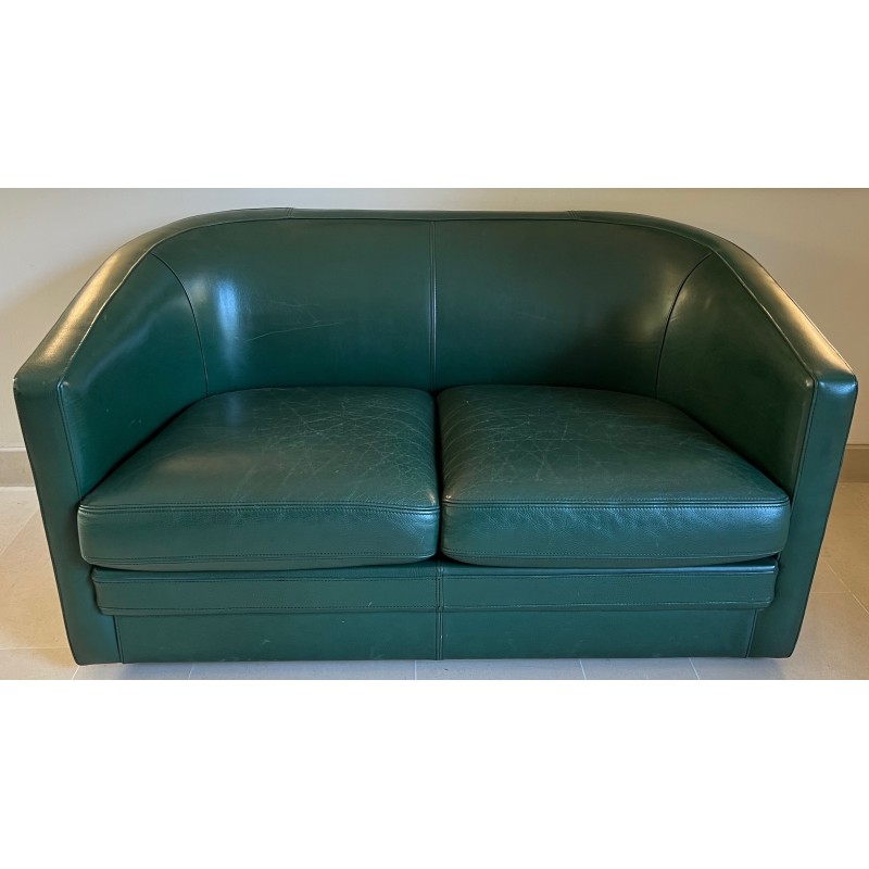 Set of Two Art Deco Style Dark Green Leather Sofas and a Swivel Armchair, French Work, Circa 1980