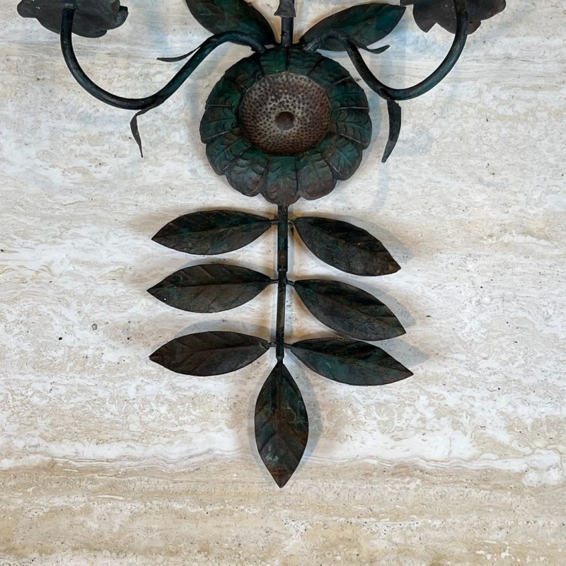 Pair of Decorative Wall Sconces with Sunflowers and Foliage in Patinated Metal