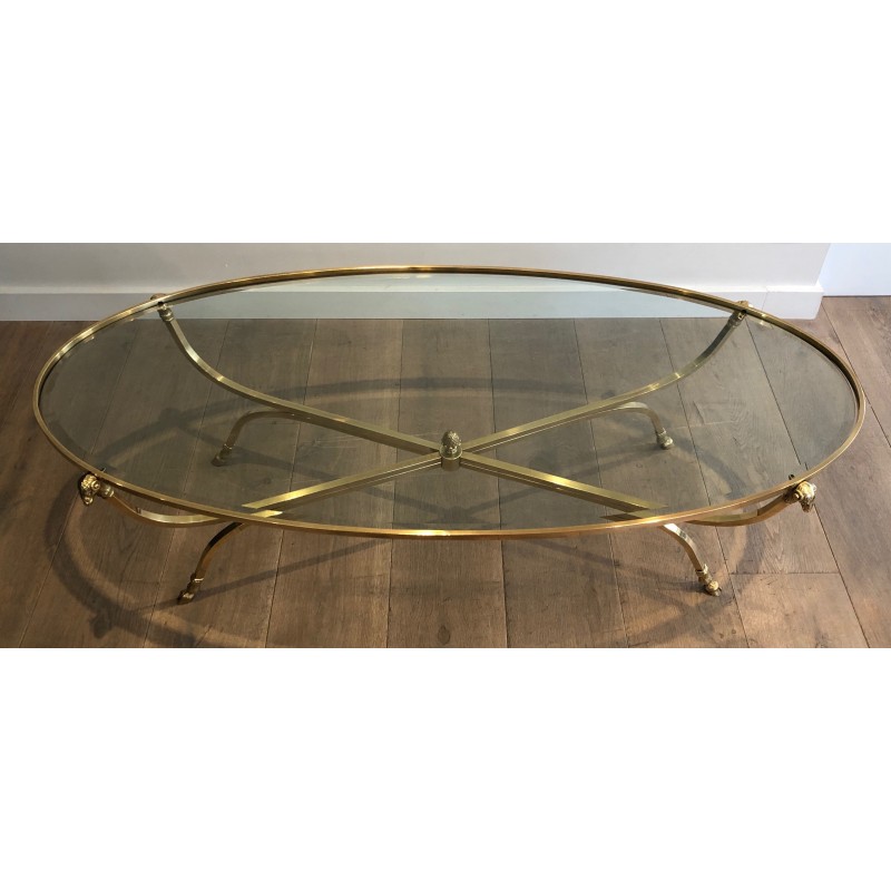 Importante Table Basse Ovale en Laiton à Têtes de Béliers et Sabots, Maison Jansen