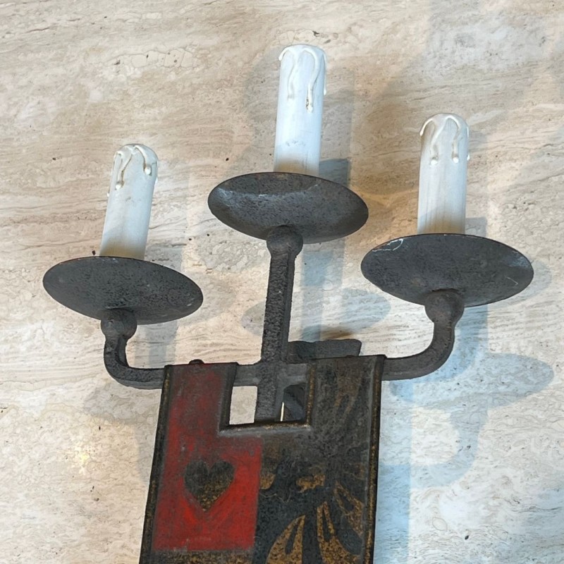 Large Pair of Wrought Iron Wall Lights with Coat of Arms and 3 Light Arms in the Gothic Style