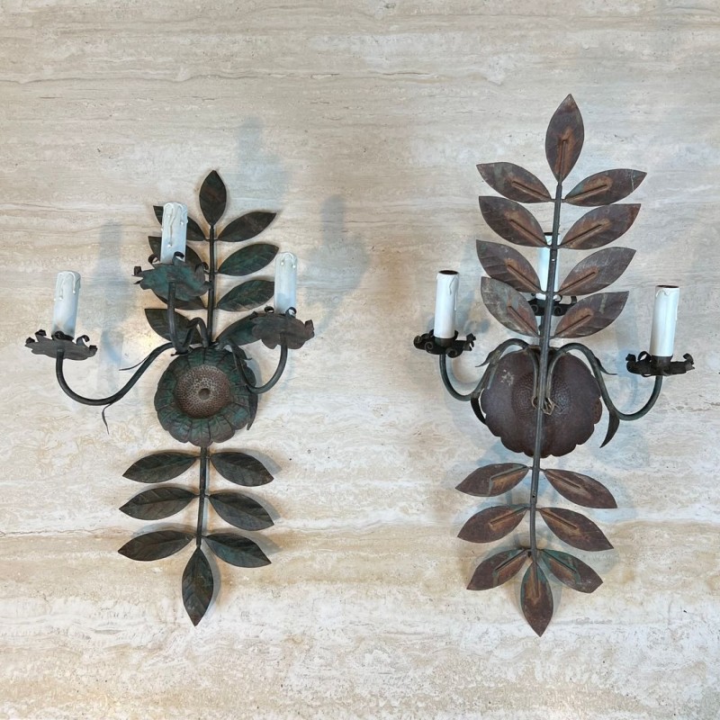 Pair of Decorative Wall Sconces with Sunflowers and Foliage in Patinated Metal